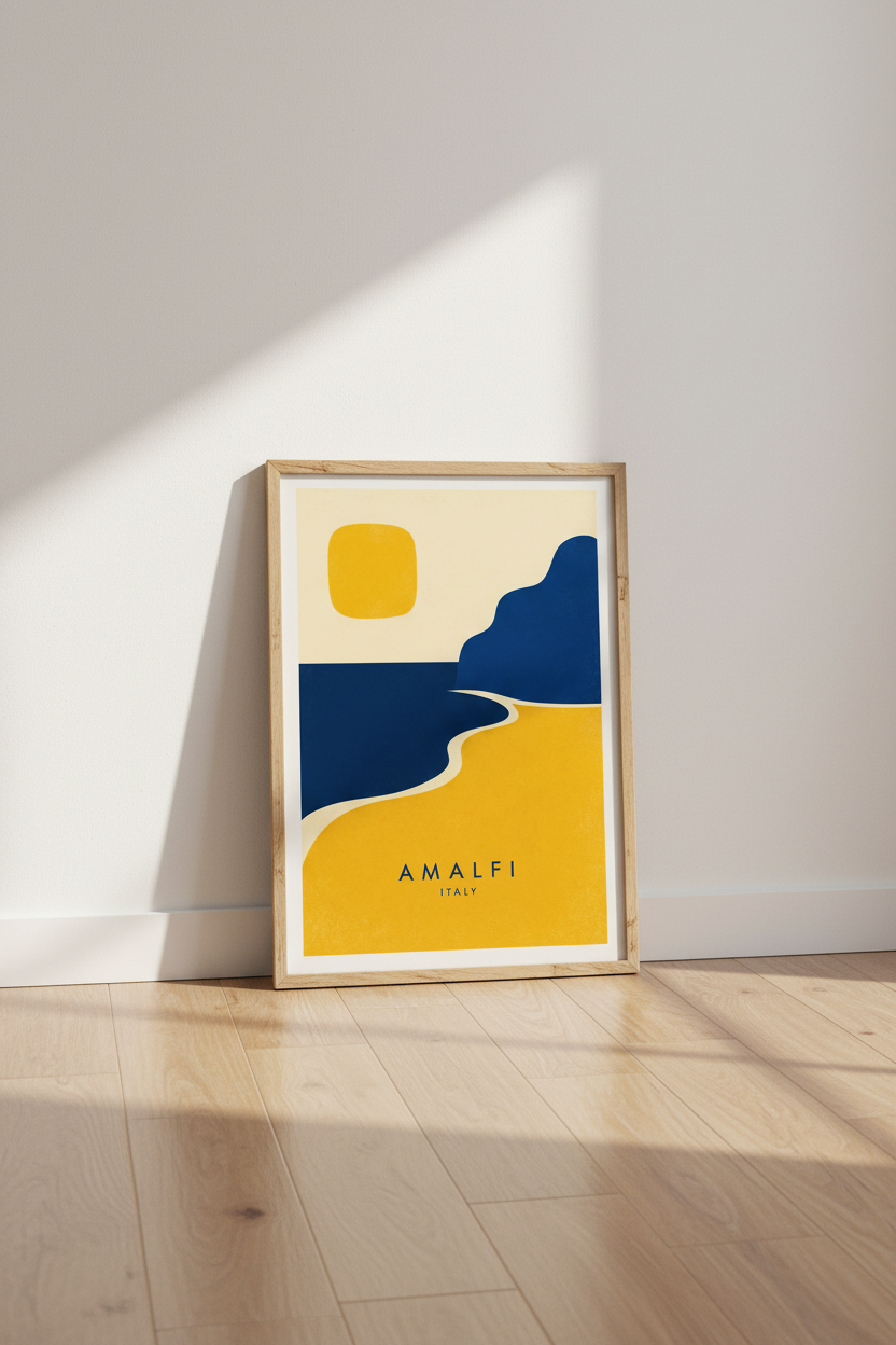 Amalfi Italy Wall Art | Minimalist Abstract Landscape, Navy &amp; Gold Living Room Decor