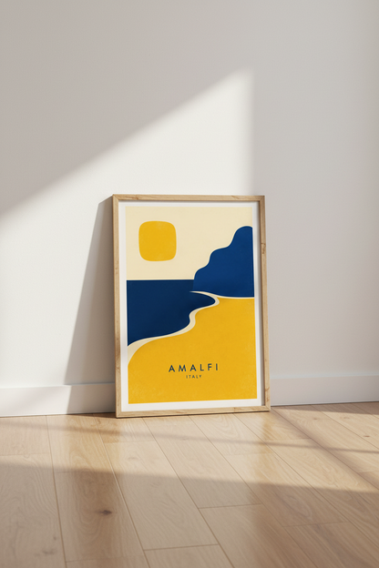 Amalfi Italy Wall Art | Minimalist Abstract Landscape, Navy &amp; Gold Living Room Decor