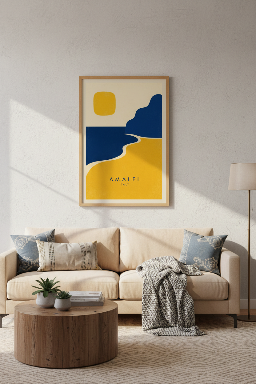 Amalfi Italy Wall Art | Minimalist Abstract Landscape, Navy &amp; Gold Living Room Decor