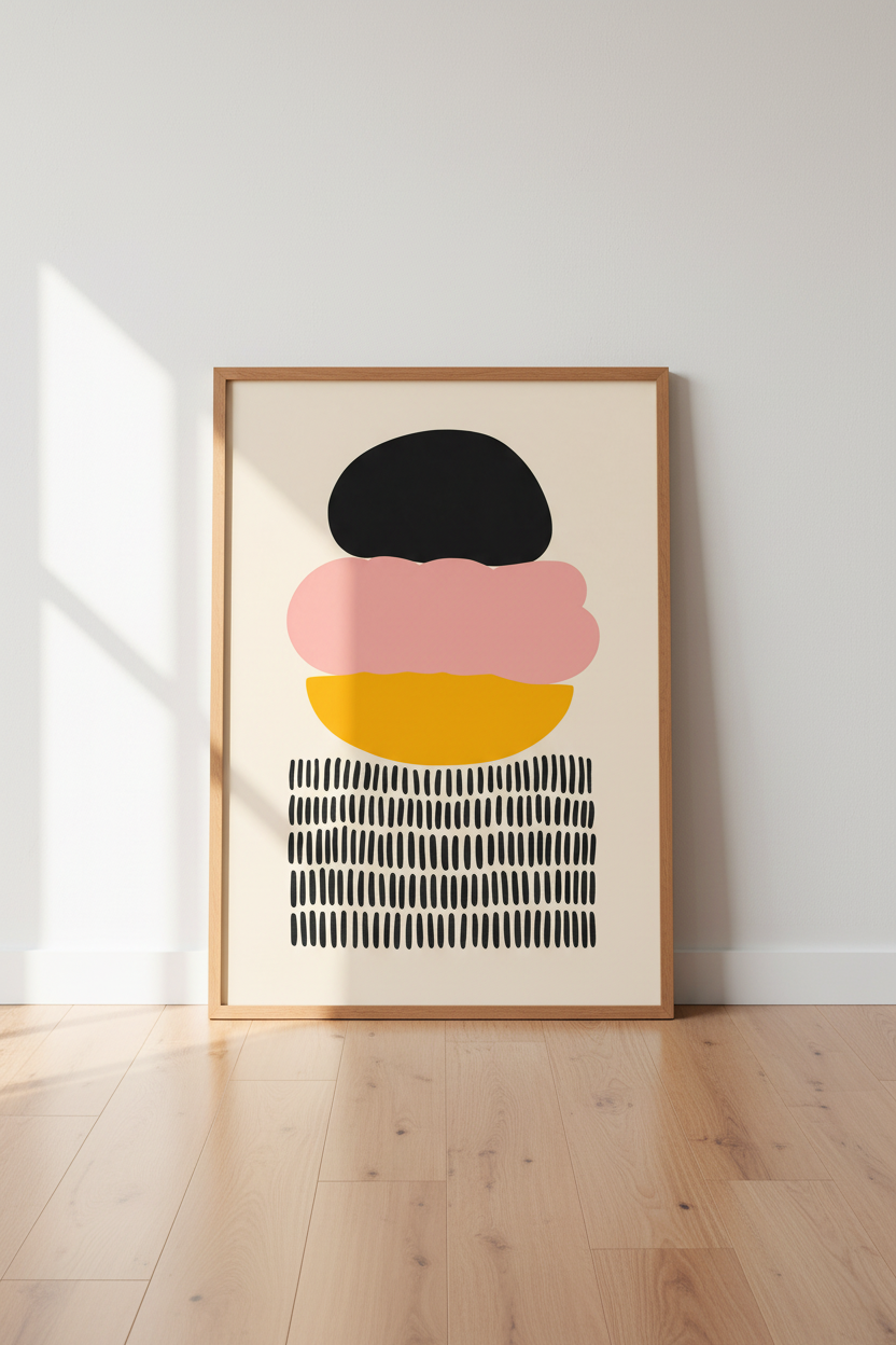 Abstract Shapes Wall Art | Mid Century Pink &amp; Gold Poster | Modern Living Room Decor