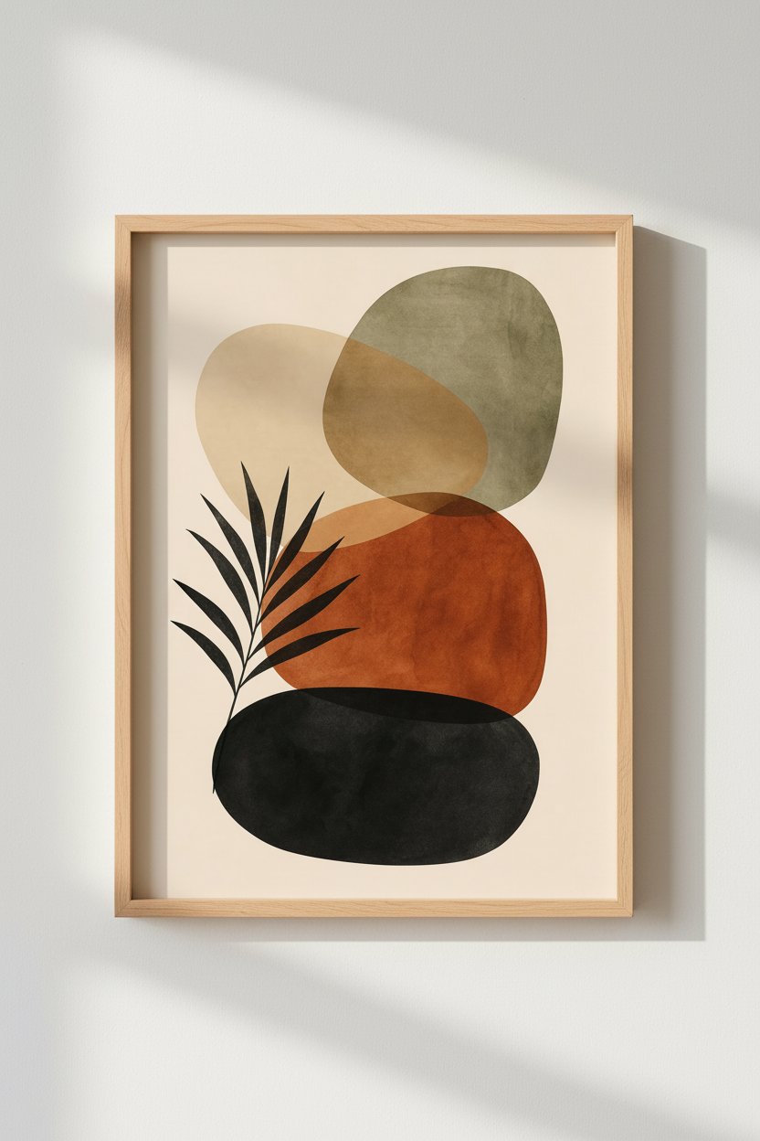 Mid Century Modern Wall Art Print | Abstract Shapes &amp; Leaves Decor | Earthy Boho Poster