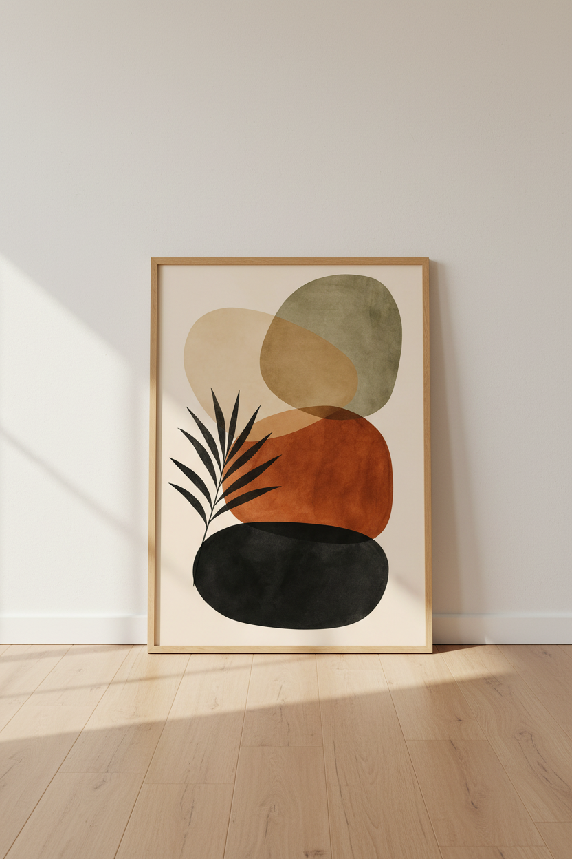 Mid Century Modern Wall Art Print | Abstract Shapes &amp; Leaves Decor | Earthy Boho Poster