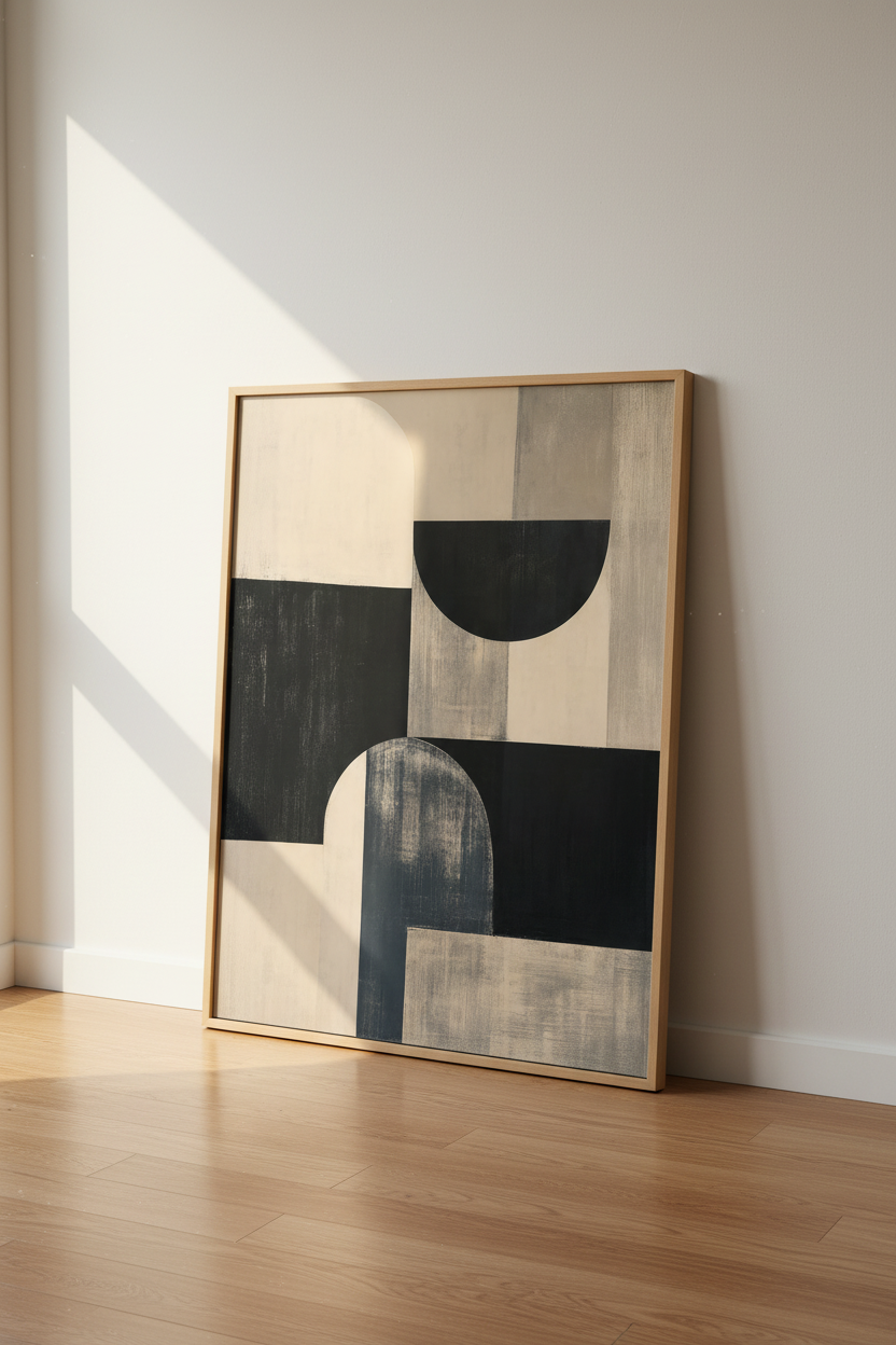 Neutral Abstract Art Print | Mid-Century Modern Beige &amp; Black, Minimalist Decor