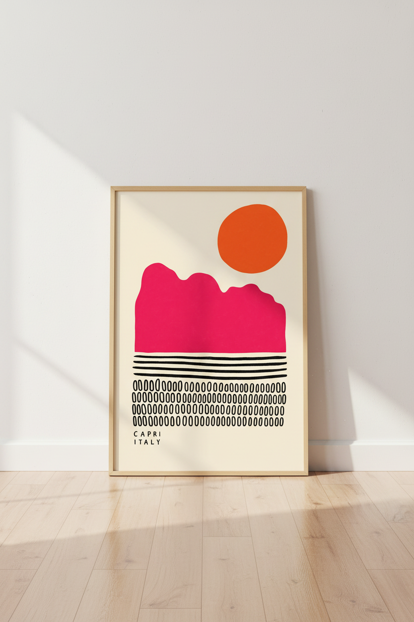 Capri Italy Abstract Landscape Print | Pink &amp; Orange Modern Decor | Travel Poster
