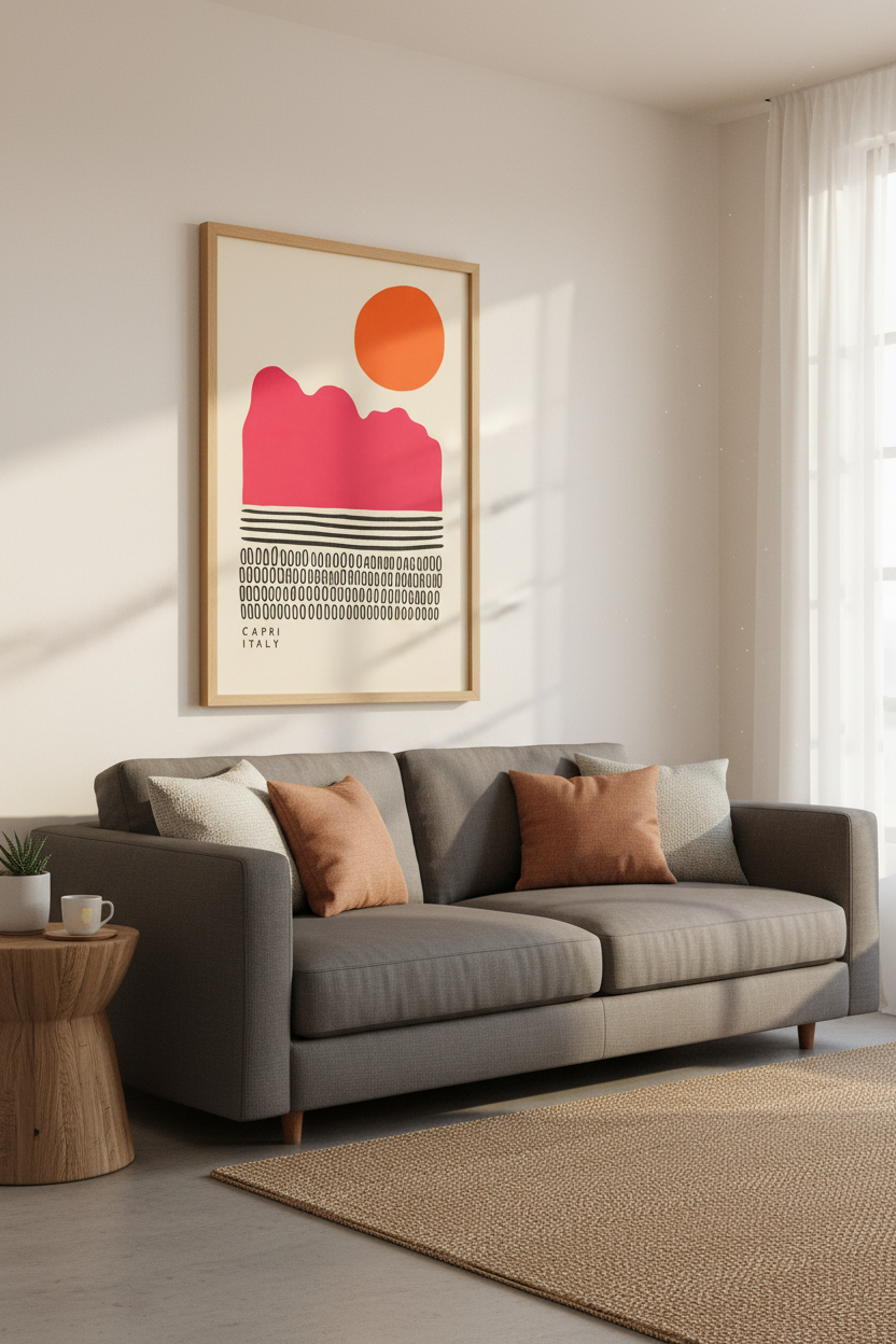 Capri Italy Abstract Landscape Print | Pink &amp; Orange Modern Decor | Travel Poster