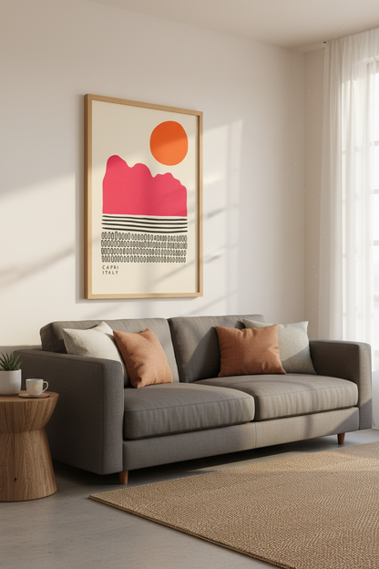 Capri Italy Abstract Landscape Print | Pink &amp; Orange Modern Decor | Travel Poster