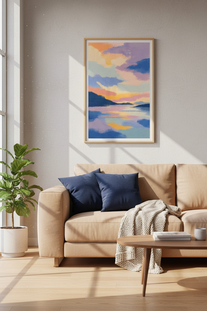 Abstract Sunset Landscape Art | Pastel Purple &amp; Gold Decor, Living Room Poster