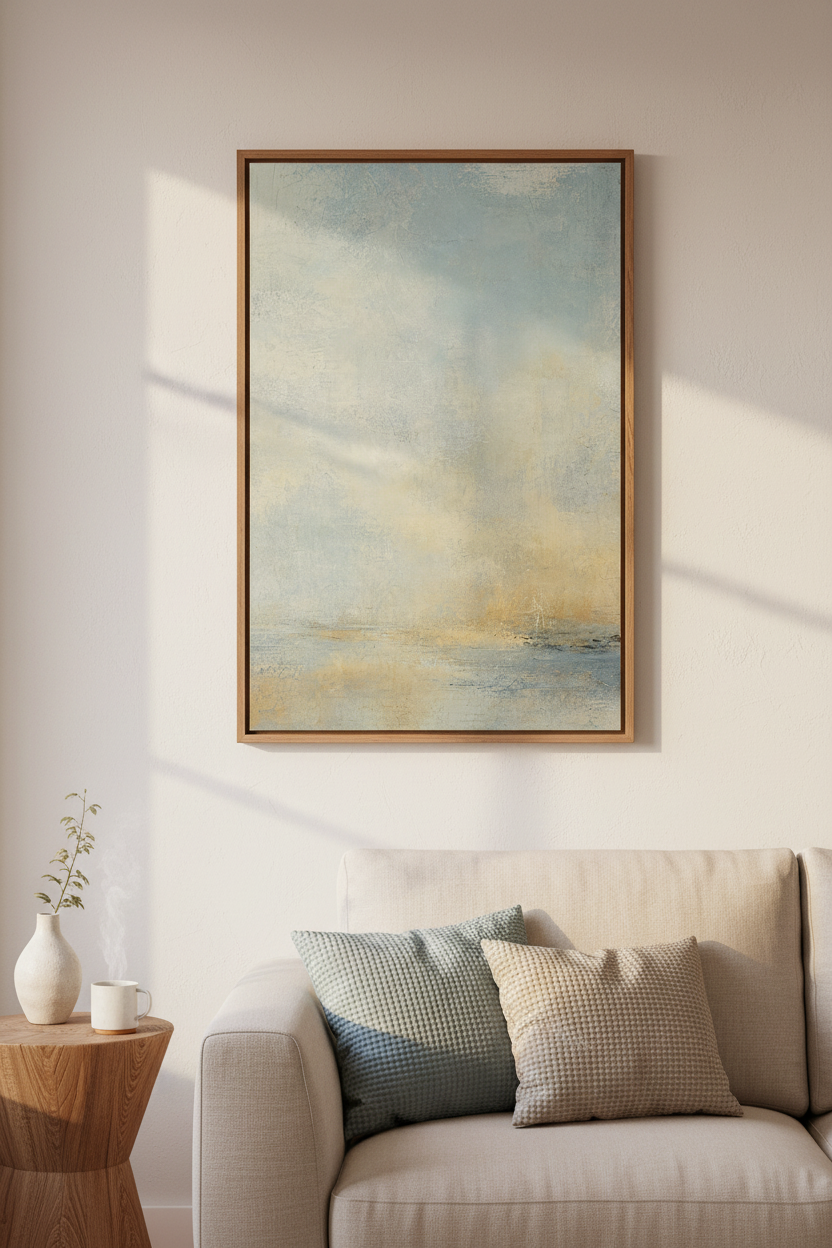 Coastal Abstract Art | Soft Blues &amp; Sand | Living Room Decor