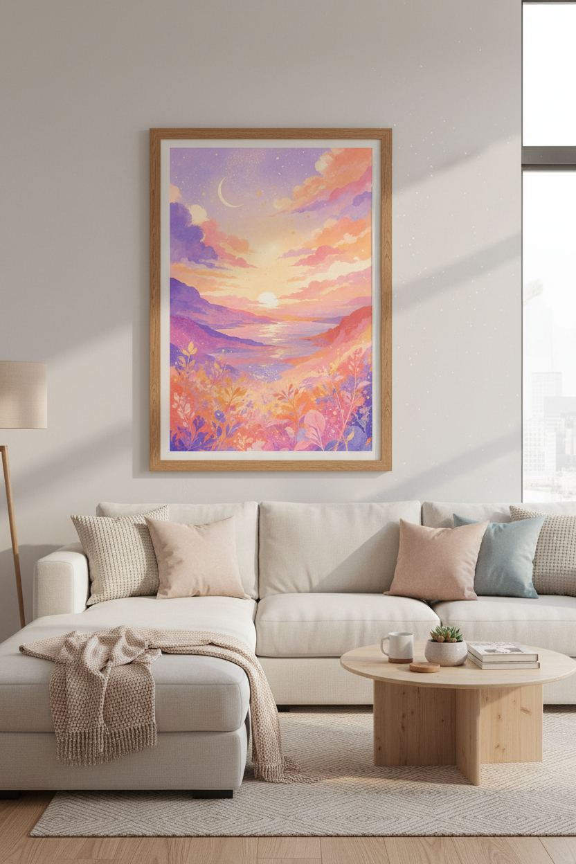 Pastel Sunset Moon Landscape | Pink Purple Watercolor, Aesthetic Bedroom Wall Art