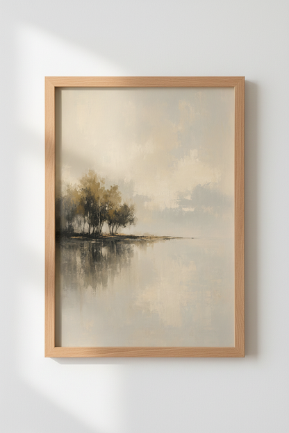 Muted Wood Landscape Art Print | Neutral Beige Nature Decor | Quiet Lake House Poster