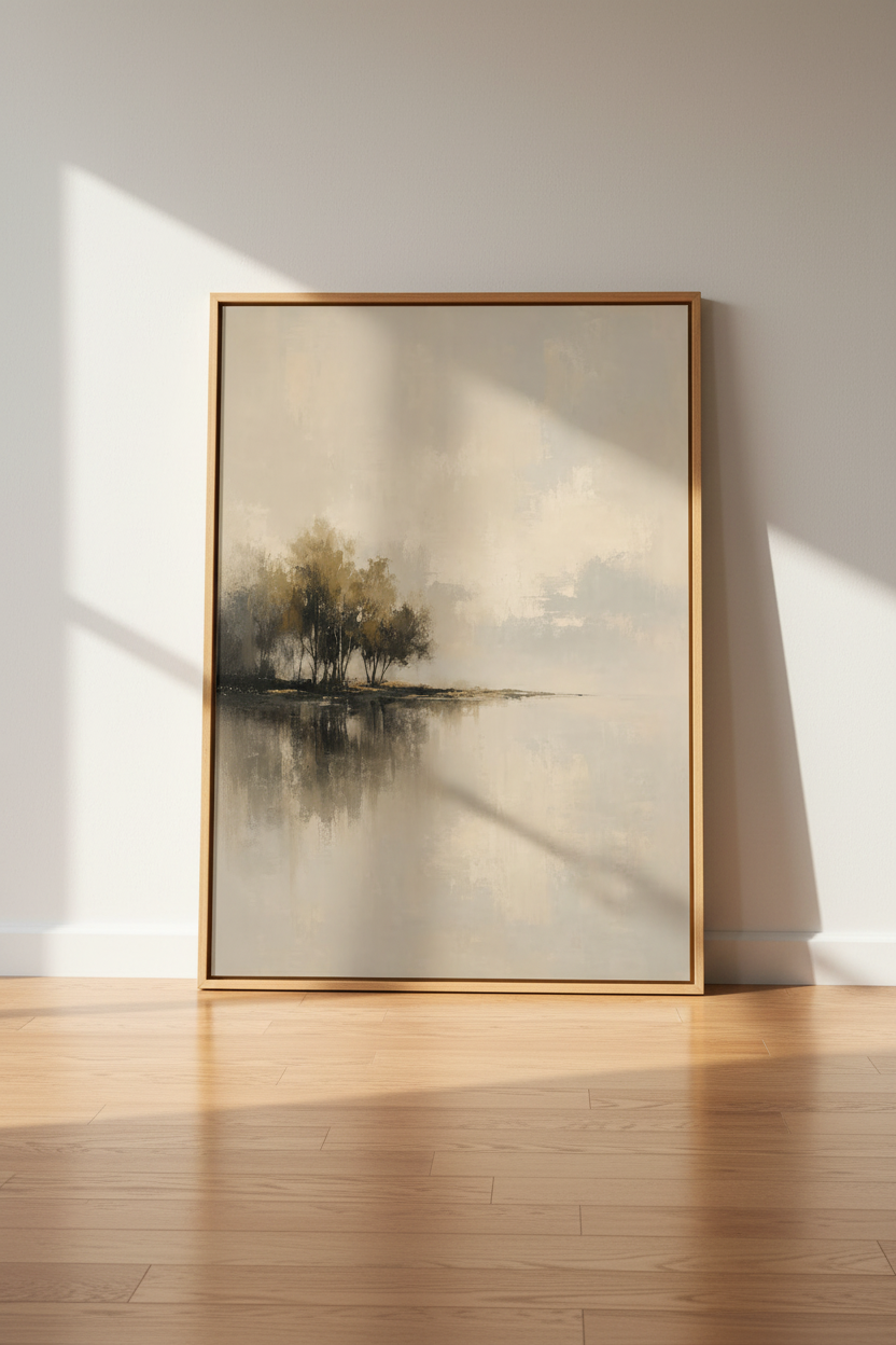 Muted Wood Landscape Art Print | Neutral Beige Nature Decor | Quiet Lake House Poster