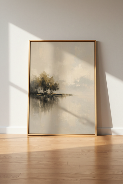 Muted Wood Landscape Art Print | Neutral Beige Nature Decor | Quiet Lake House Poster