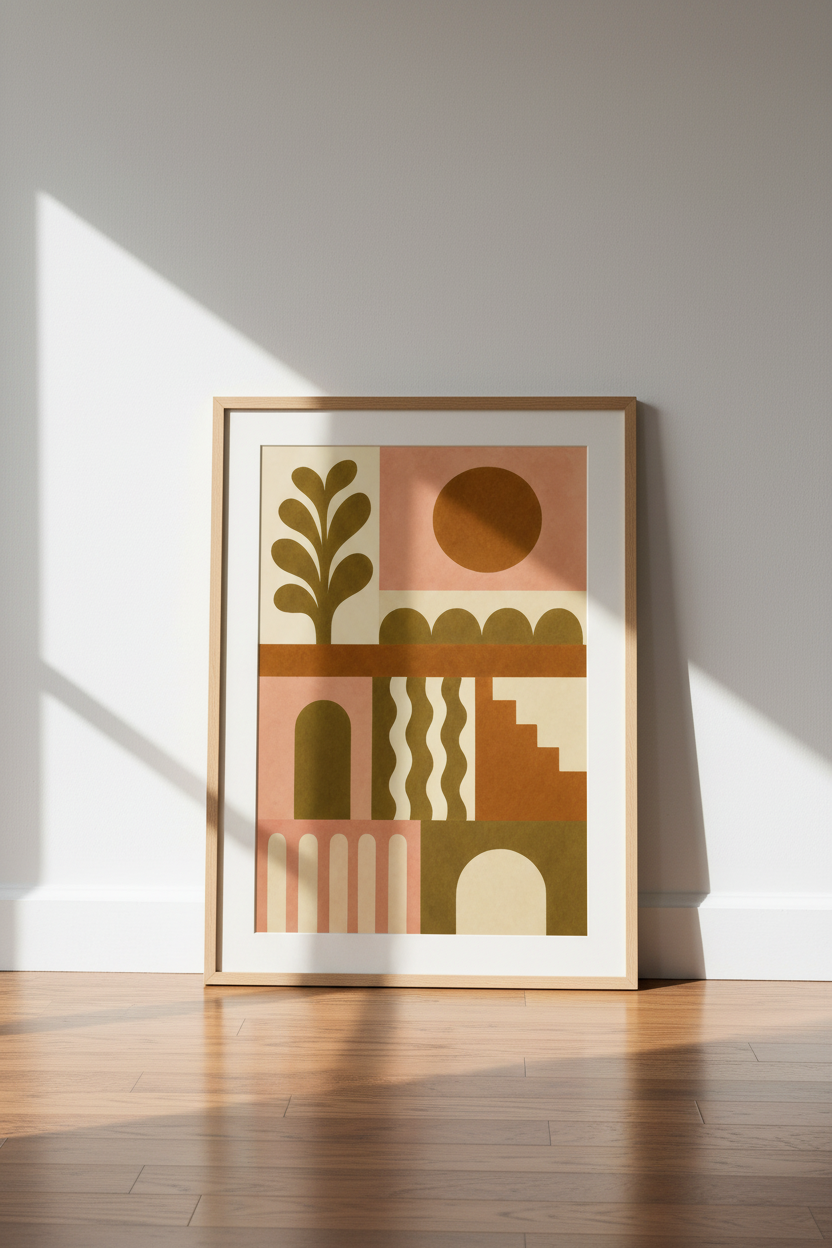 Abstract Geometric Sun Wall Art | Terracotta &amp; Olive Boho Decor | Modern Desert Poster