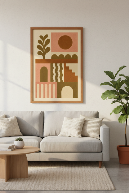 Abstract Geometric Sun Wall Art | Terracotta &amp; Olive Boho Decor | Modern Desert Poster