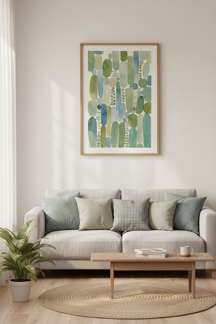 Abstract Watercolor Pebbles | Sage Green &amp; Blue Organic Shapes, Nature Wall Art