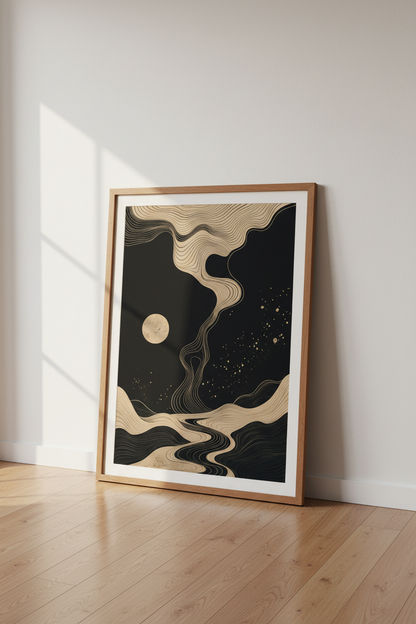 Abstract Landscape Wall Art | Gold &amp; Black Zen Decor, Japandi Poster