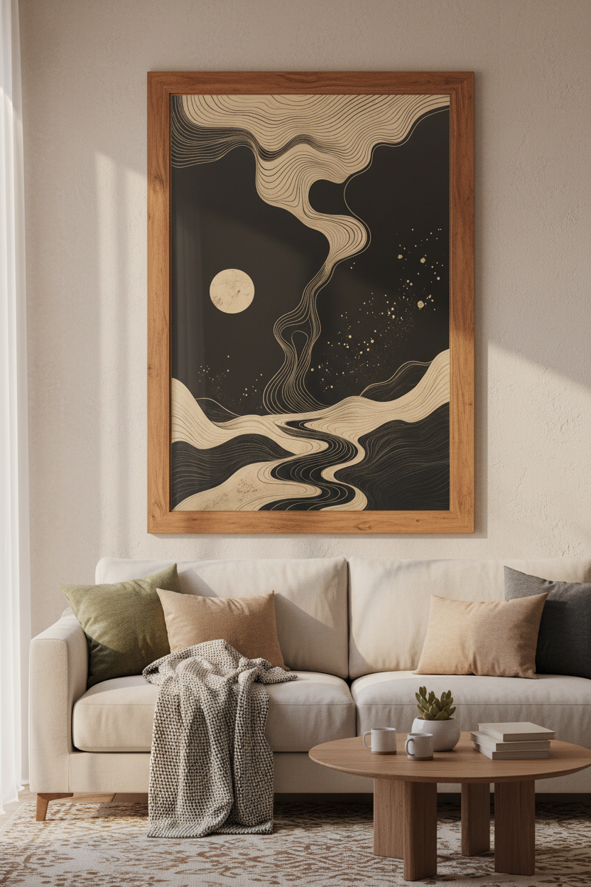Abstract Landscape Wall Art | Gold &amp; Black Zen Decor, Japandi Poster