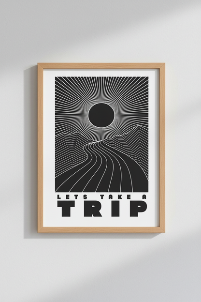 Trippy Landscape Wall Art | Black White Retro Poster, Modern Dorm Decor