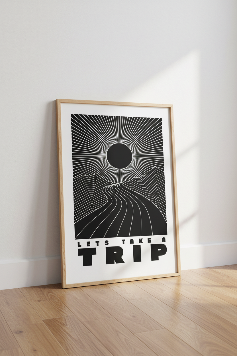 Trippy Landscape Wall Art | Black White Retro Poster, Modern Dorm Decor