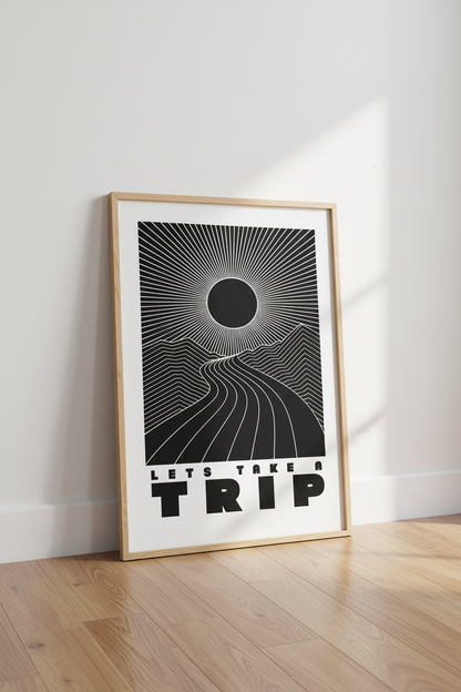 Trippy Landscape Wall Art | Black White Retro Poster, Modern Dorm Decor