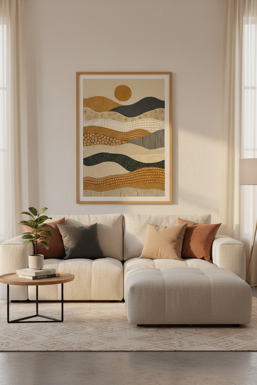 Abstract Desert Sun Landscape Art | Earthy Boho Print | Neutral Living Room Decor