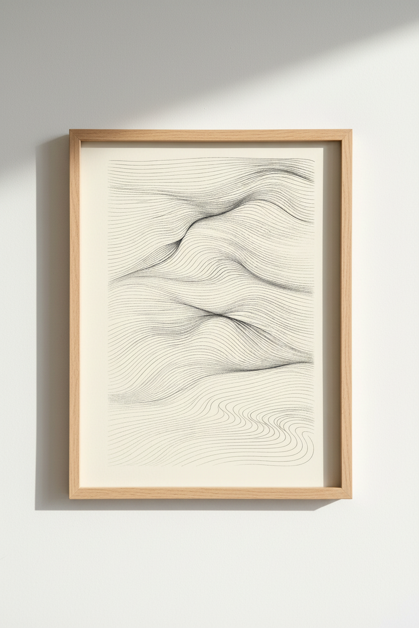 Monochrome abstract line-art waves print