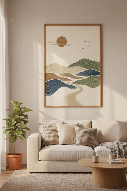 Minimalist Mountain Landscape Print | Japanese Zen Decor, Sage Green &amp; Navy Wall Art