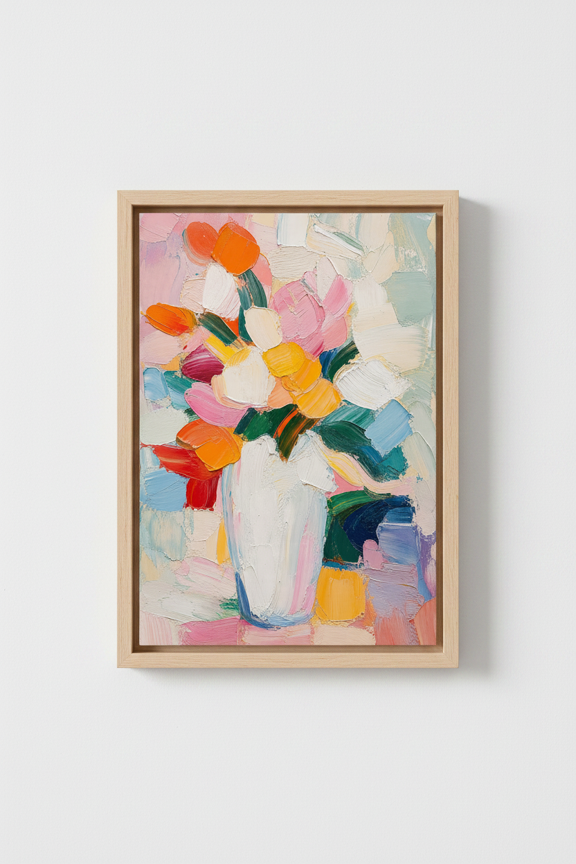 Floral Oil Painting Print | Abstract Colorful Bouquet, Modern Impasto Bedroom Decor