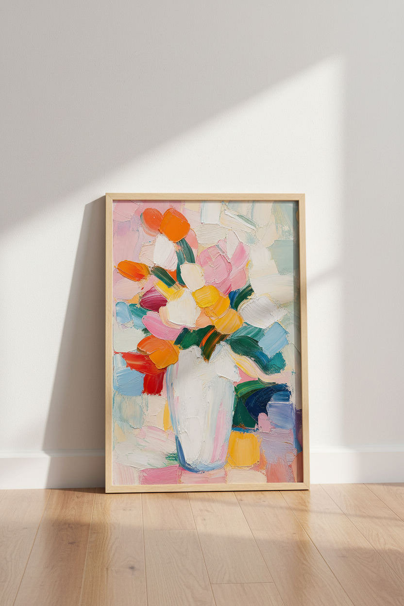 Floral Oil Painting Print | Abstract Colorful Bouquet, Modern Impasto Bedroom Decor