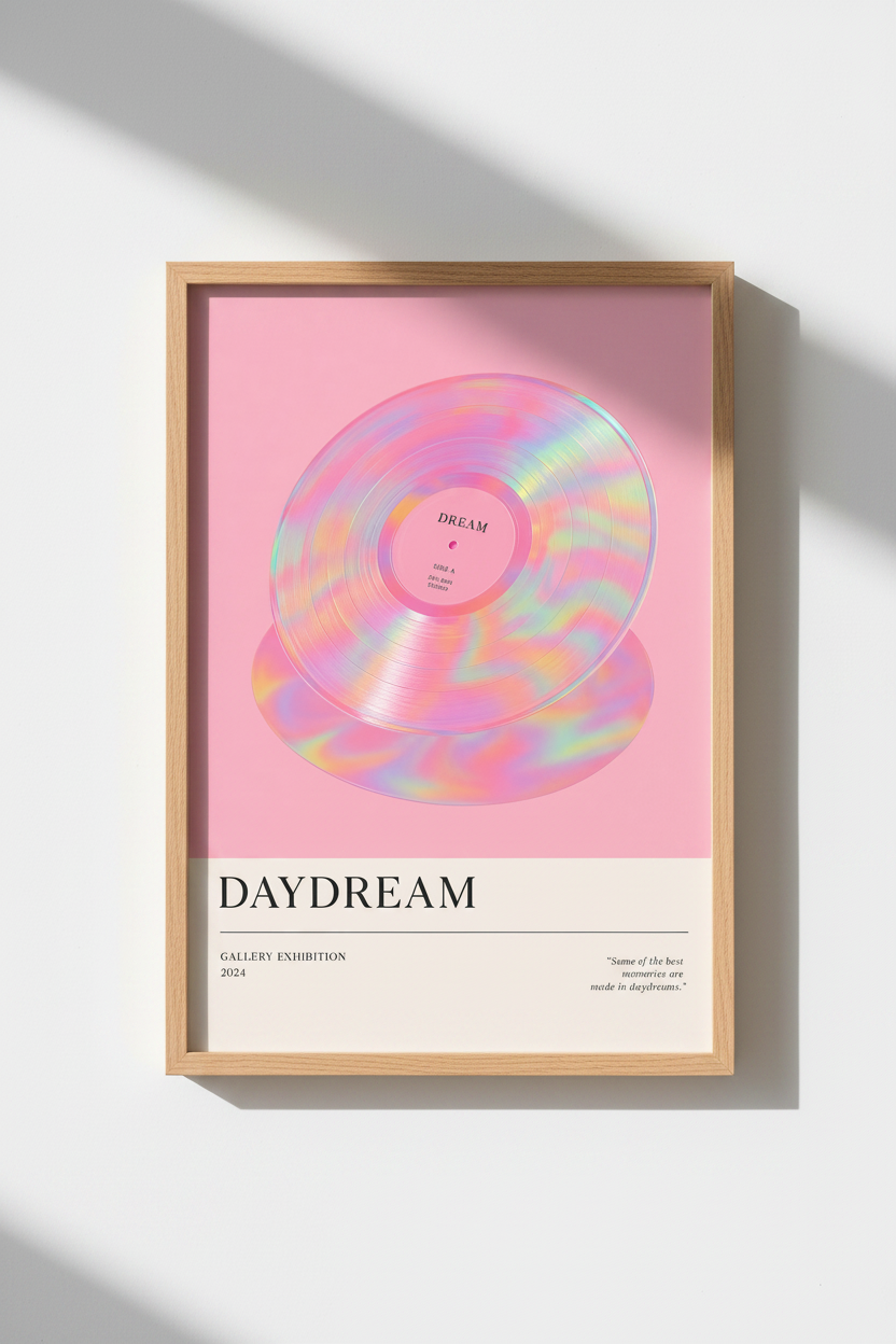 Vinyl Record Wall Art Print | Pink Aesthetic Music Decor | Retro Iridescent Poster