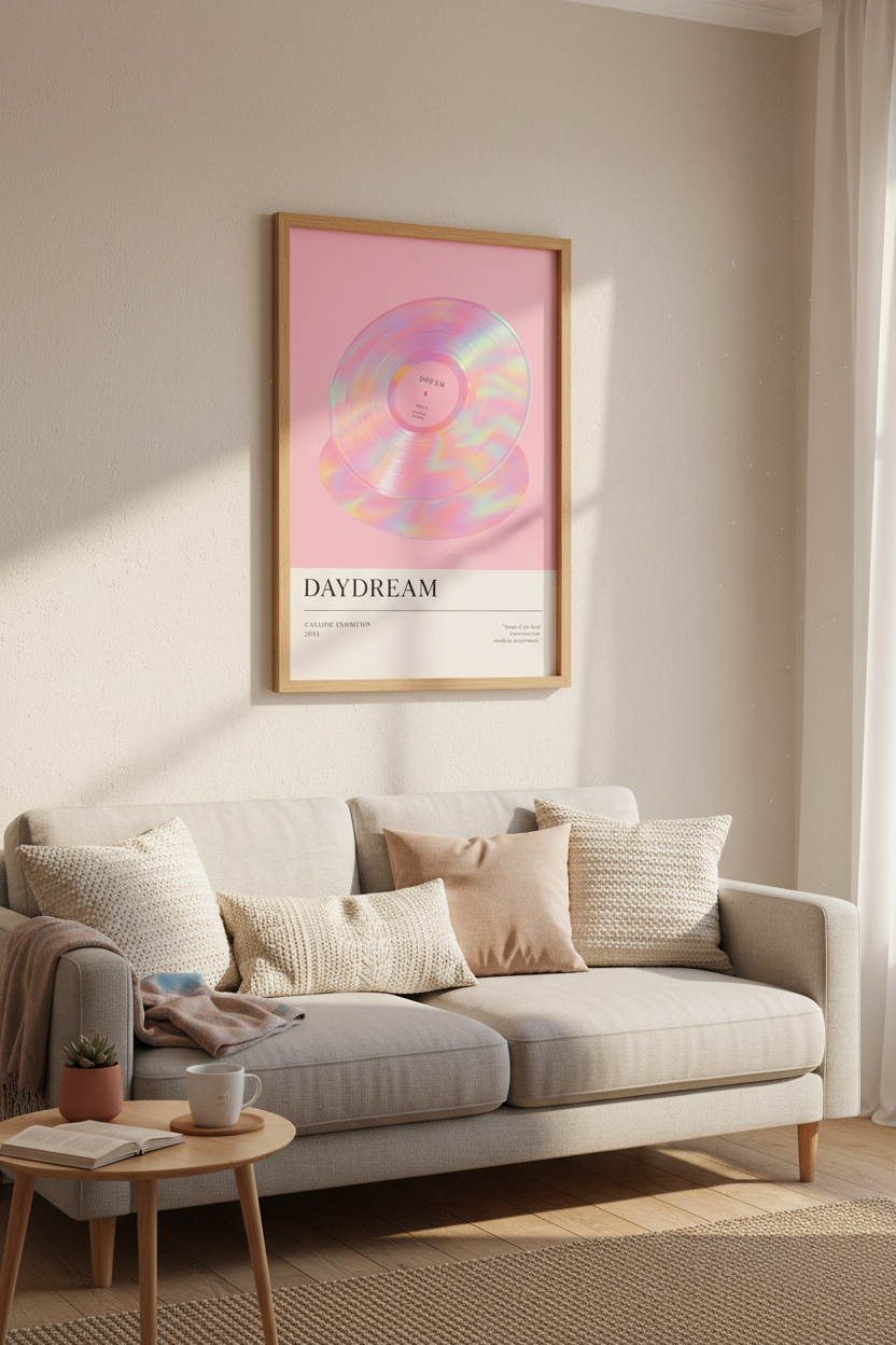 Vinyl Record Wall Art Print | Pink Aesthetic Music Decor | Retro Iridescent Poster