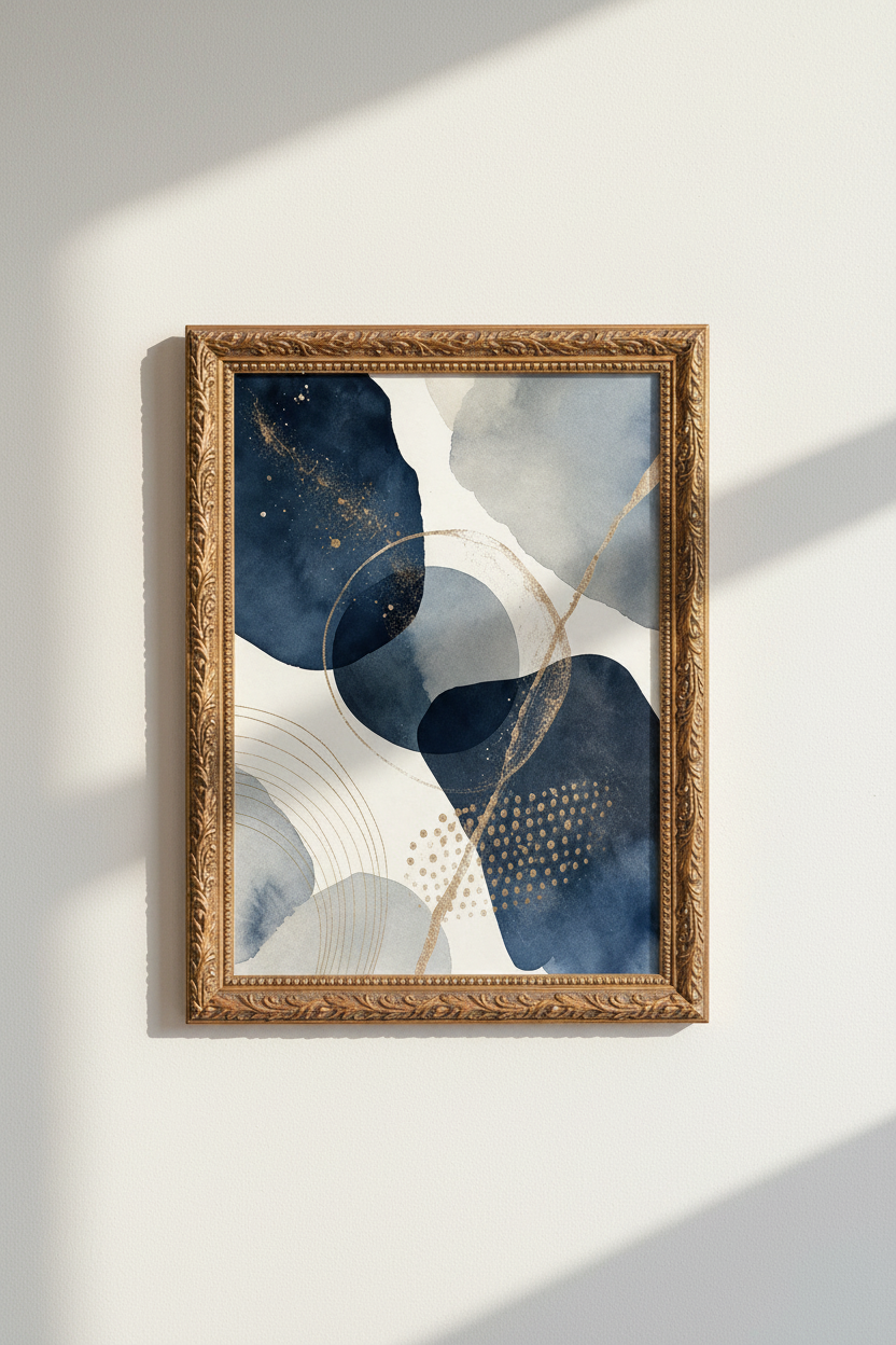 boho wall art print | navy gold abstract, modern living room decor