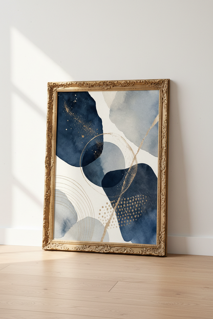 boho wall art print | navy gold abstract, modern living room decor