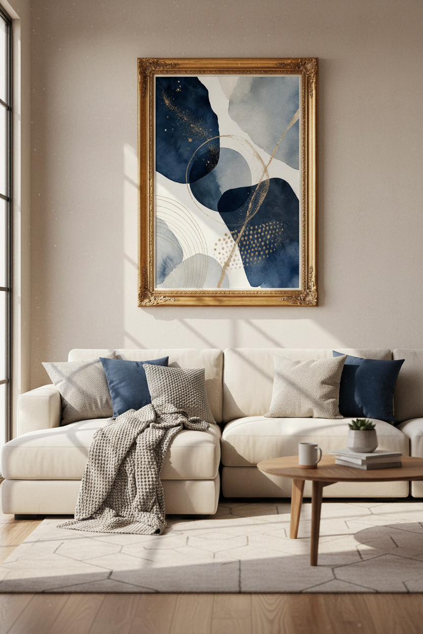 boho wall art print | navy gold abstract, modern living room decor