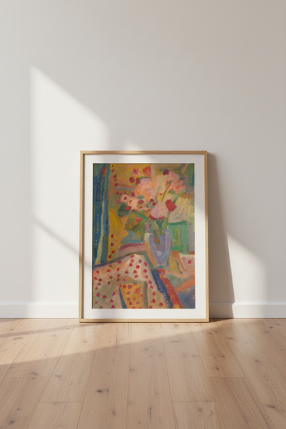 Abstract bouquet art | Bold colors, floral vase | Living room poster