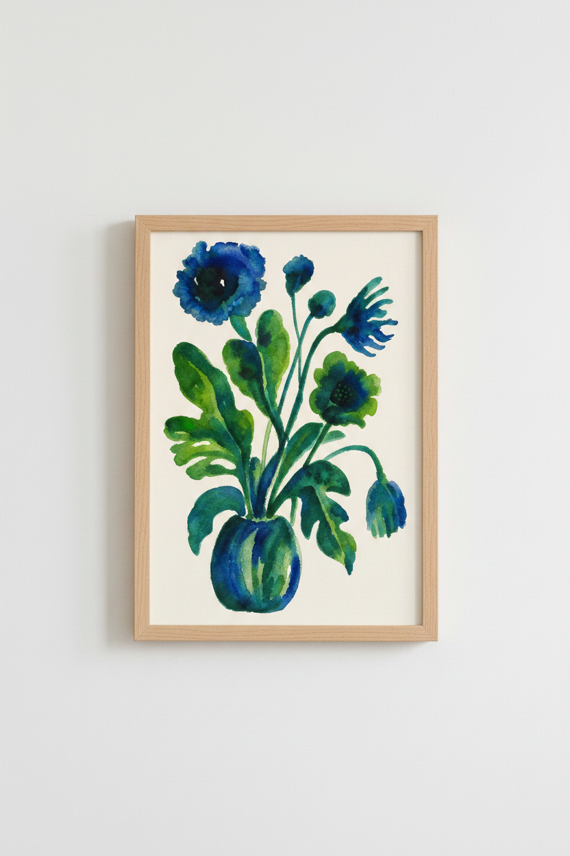 blue floral wall art | Watercolor Bouquet Blues Greens, Living Room Decor