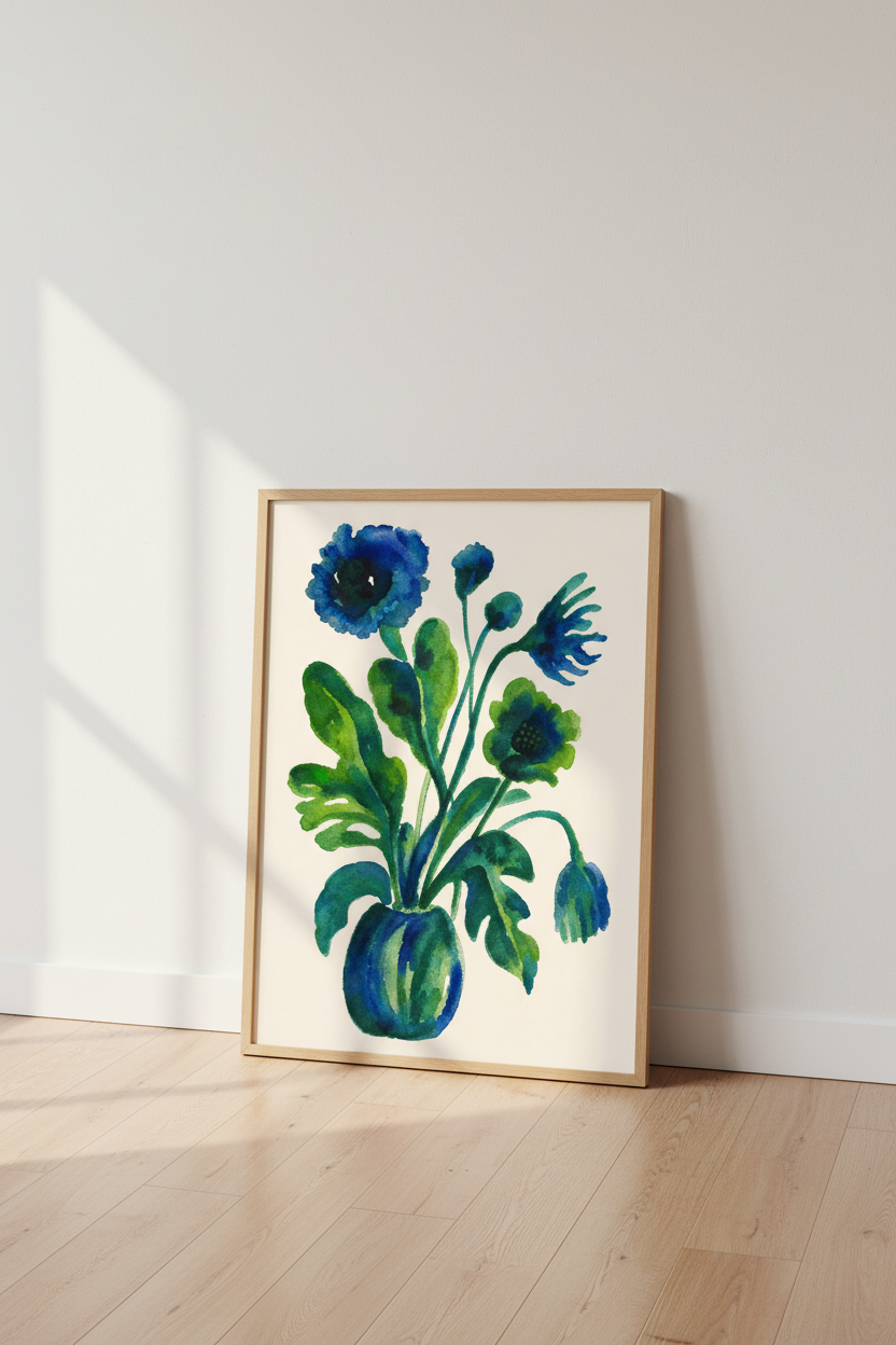 blue floral wall art | Watercolor Bouquet Blues Greens, Living Room Decor