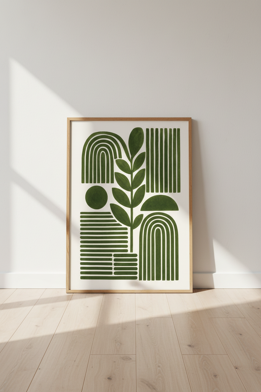 Abstract Botanical Leaf Wall Art | Forest Green Boho Arches, Living Room Decor