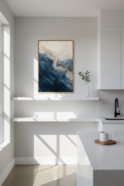 Navy Blue Gold Abstract Art | Modern Indigo &amp; Gold Poster, Living Room Wall Decor