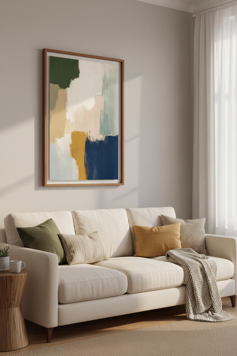 Abstract Color Block Wall Art | Navy &amp; Green Earthy Tones, Modern Living Room Decor