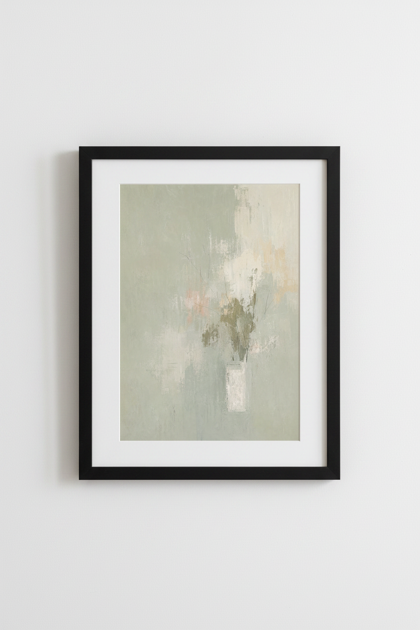 Abstract Floral Still Life | Muted Sage Green &amp; Blush, Living Room Decor Art