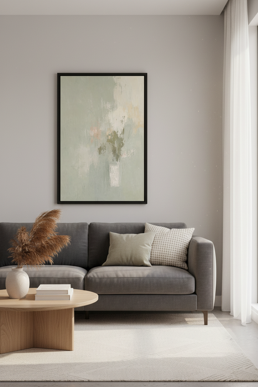 Abstract Floral Still Life | Muted Sage Green &amp; Blush, Living Room Decor Art