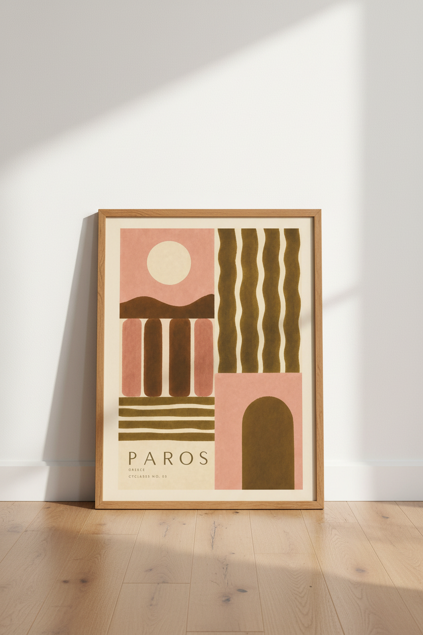 Paros Greece Abstract Wall Art | Terracotta &amp; Olive Travel Poster | Boho Living Room Decor