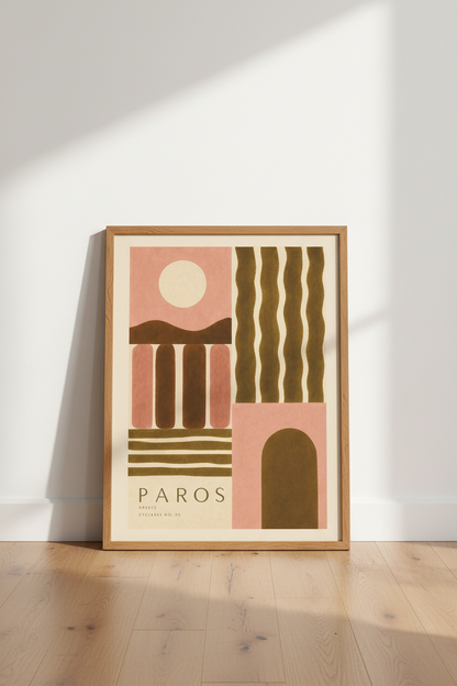 Paros Greece Abstract Wall Art | Terracotta &amp; Olive Travel Poster | Boho Living Room Decor