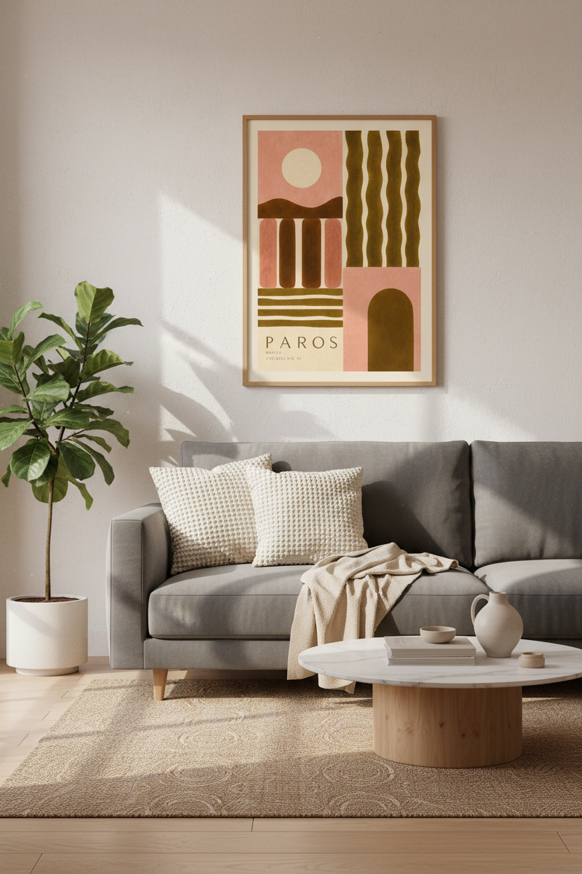 Paros Greece Abstract Wall Art | Terracotta &amp; Olive Travel Poster | Boho Living Room Decor