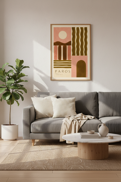 Paros Greece Abstract Wall Art | Terracotta &amp; Olive Travel Poster | Boho Living Room Decor