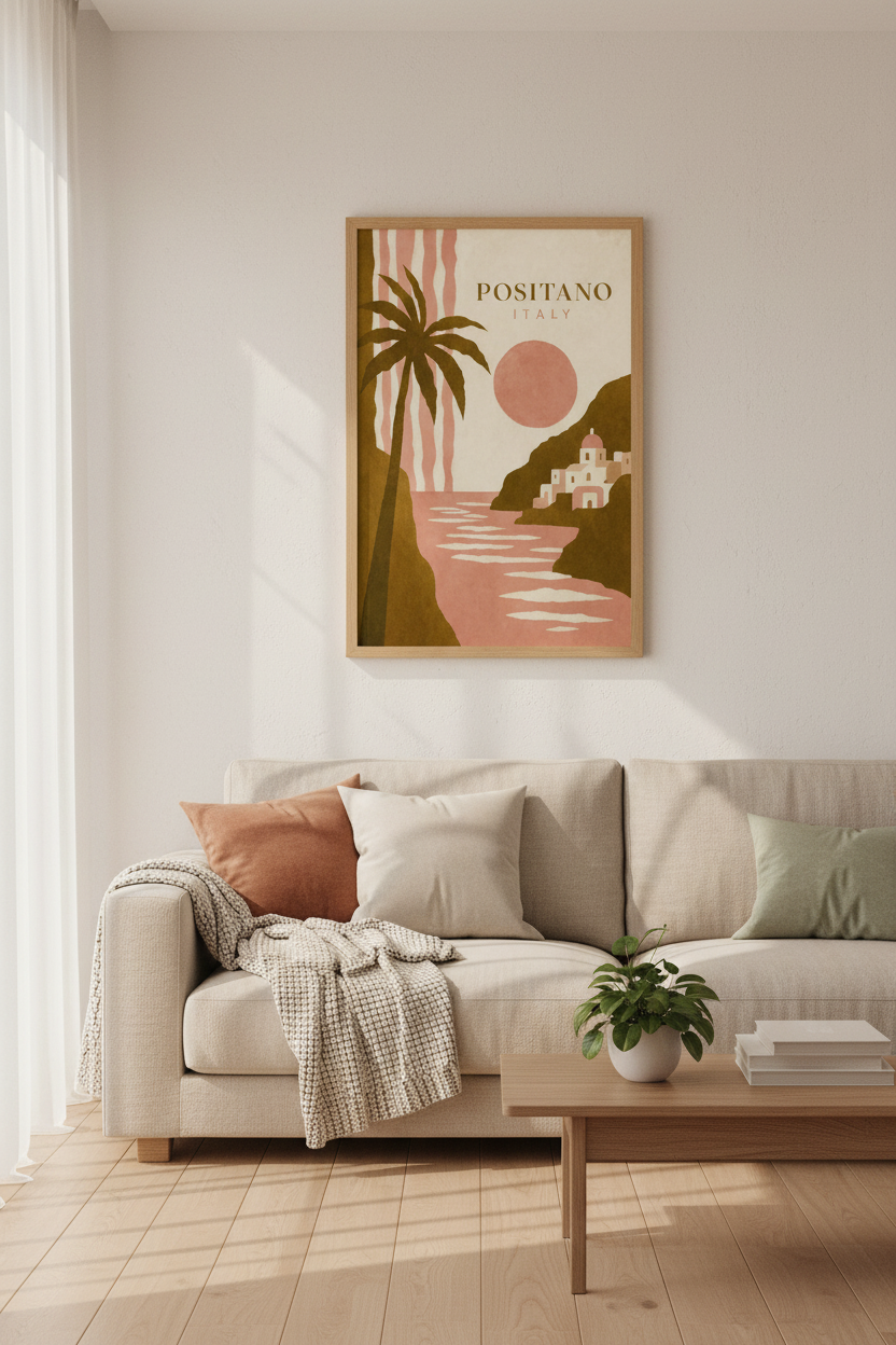 Positano Italy Travel Poster | Minimalist Abstract Coastal Art, Boho Living Room Print