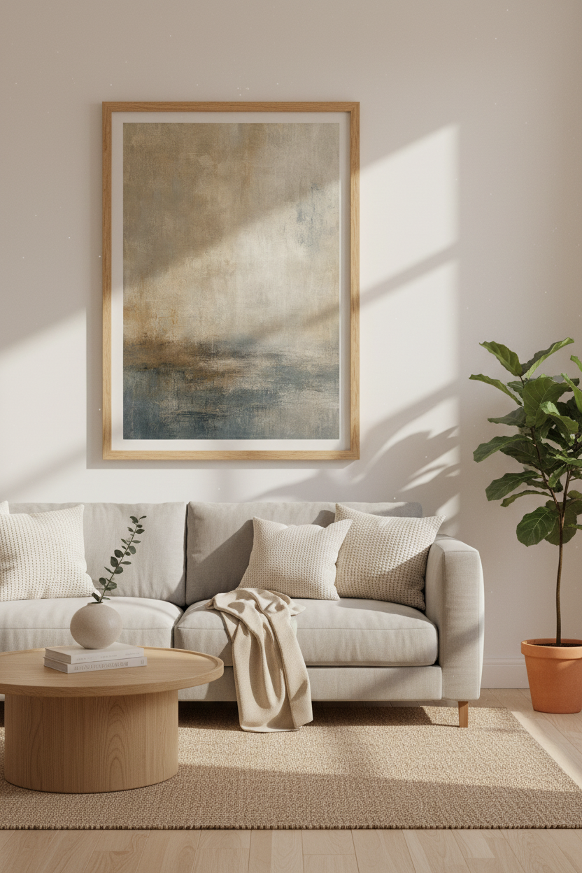 Abstract Landscape Wall Art | Beige &amp; Blue Textured Print | Modern Minimalist Decor