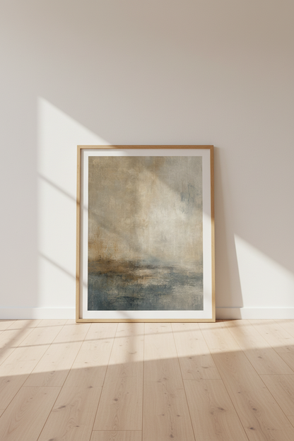 Abstract Landscape Wall Art | Beige &amp; Blue Textured Print | Modern Minimalist Decor