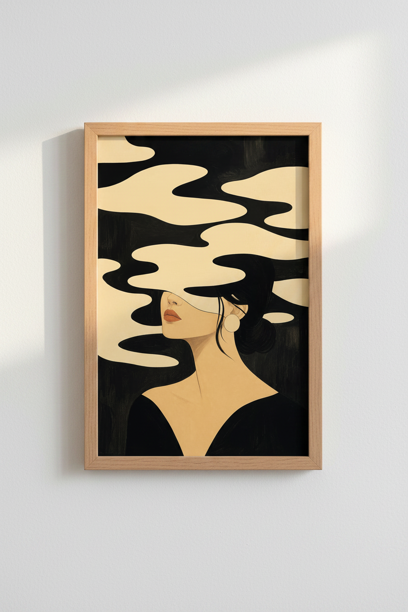 Abstract Portrait | Minimal Beige-Black Palette, Living Room Decor | Modern Poster